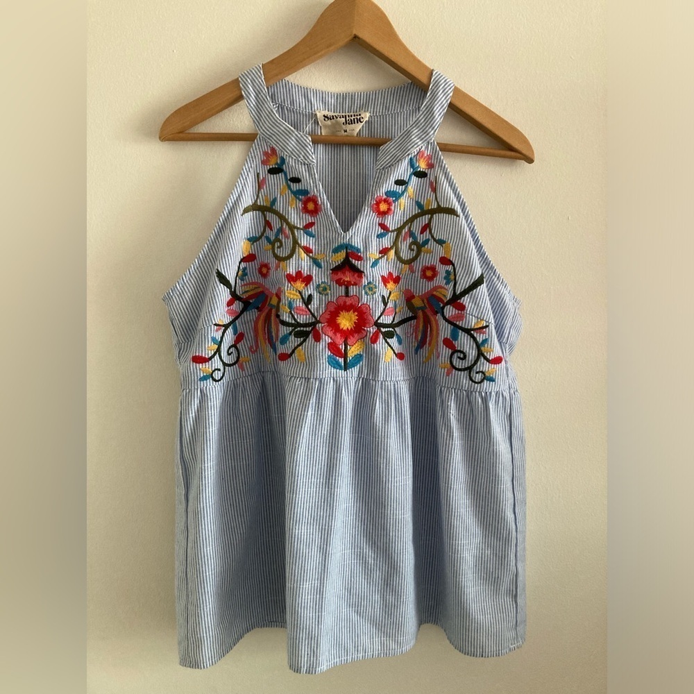 Savanna Jane Light Blue Striped Embroidered Halter Top